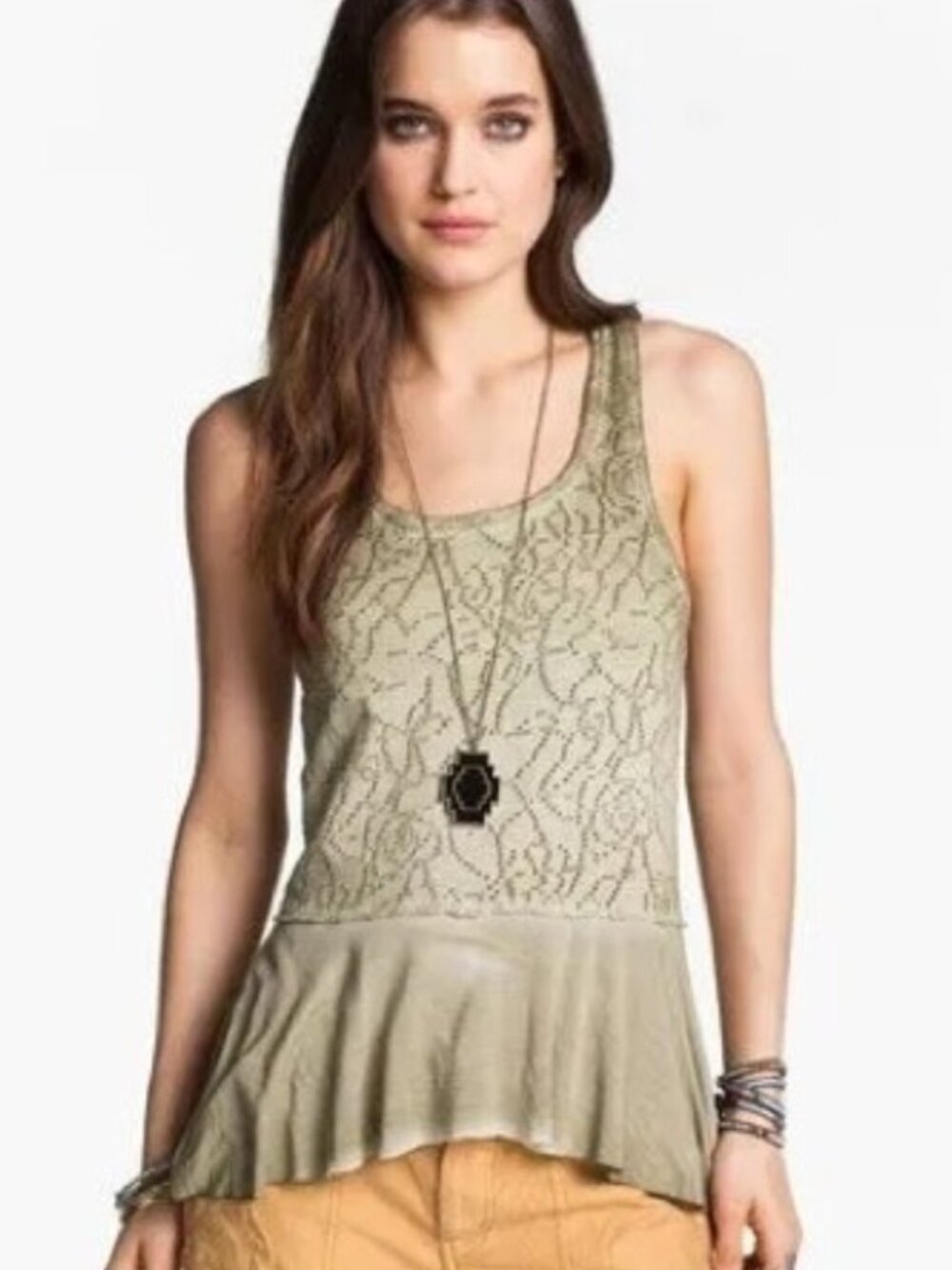FREE PEOPLE Olive Green Rally Perforated Peplum Tank Blouse sz S